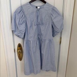 H&M Womens Light Blue Puff Sleeve Dress with Tie Front